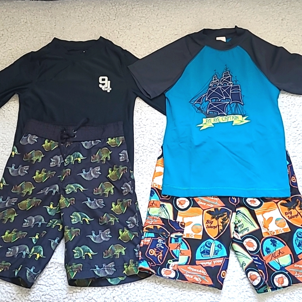 Boy's bundle of Swim Sets,  Rashguard & Trunks. Size 7-8